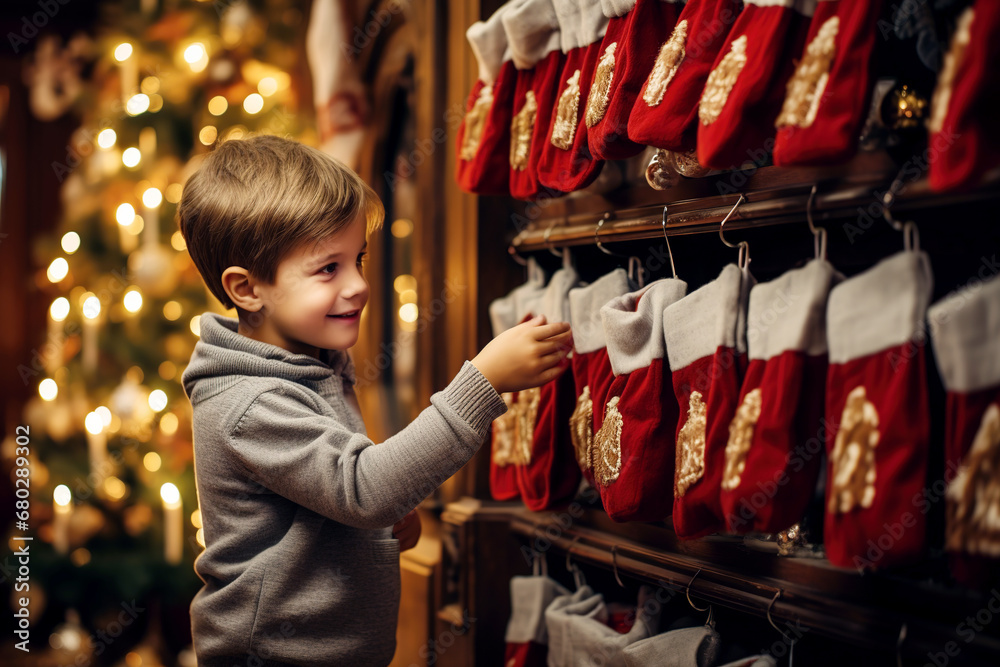 Little smiling boy looking at Christmas presents in socks near the fireplace