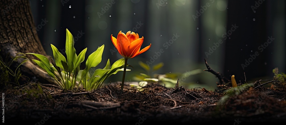 In the midst of a lush green forest, a black tulip flower stood out, its vibrant orange hue contrasting against the surrounding nature. Leaves covered the dirt as the tulip proudly displayed its