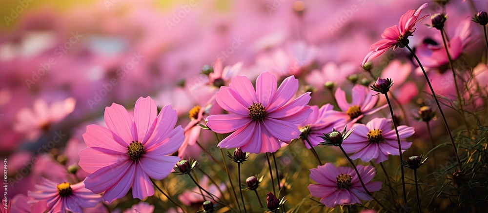 In the colorful garden, a beautiful pink flower caught the eye of a bumblebee, as it hovered closeup, mesmerized by its natural splendor within the embracing arms of nature.