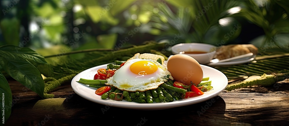 In a lush tropical paradise, amidst the vibrant green of nature, a white plate adorned with colorful vegetables, a leafy egg and a drizzle of healthy oil showcases a natural and wholesome cooking and