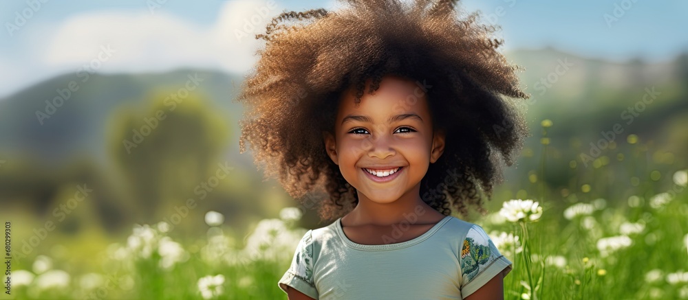 A young African girl with a beautiful afro, a cute smile on her face, and a happy demeanor, captures the hearts of everyone around her as she poses for a portrait in the midst of lush green grass.