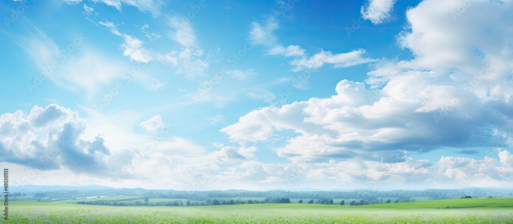 mesmerizing background of a summer sky, the vibrant colors of nature come alive breathtaking landscape as the warm light washes over the white clouds, a beautiful day is captured in a photo that