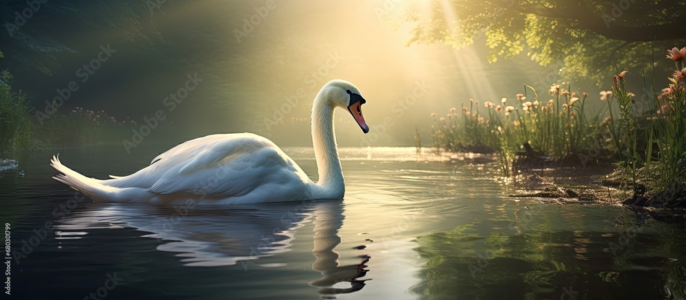 In the serene river, nestled within the captivating embrace of nature, a graceful white swan gracefully glides through the shimmering water, its feathers glistening in the sunlight, epitomizing the