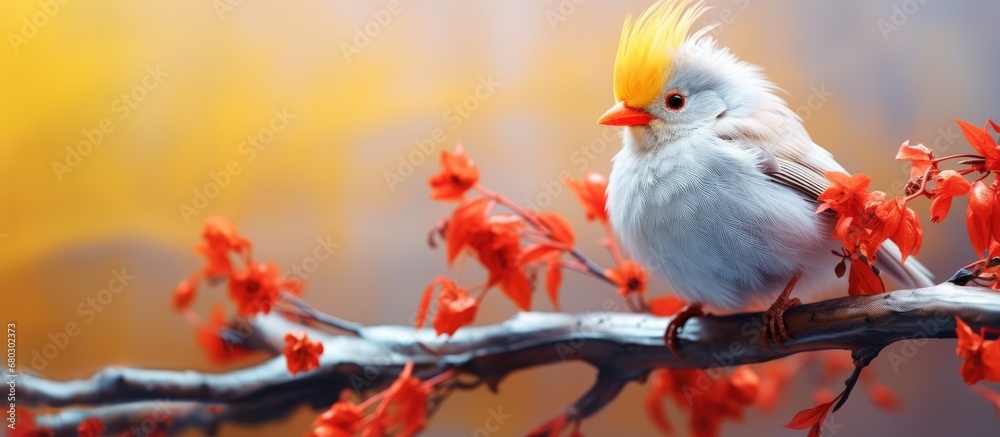 isolated field, a white bird with red feathers perches on a tree, its yellow eye stands out against the background of nature, drawing a colorful portrait of tranquility.