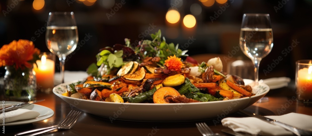 In the cozy, dimly lit restaurant, a white table was adorned with a beautiful spread of autumn-inspired dishes - the vibrant orange of roasted vegetables, the rich black of a truffle-infused sauce