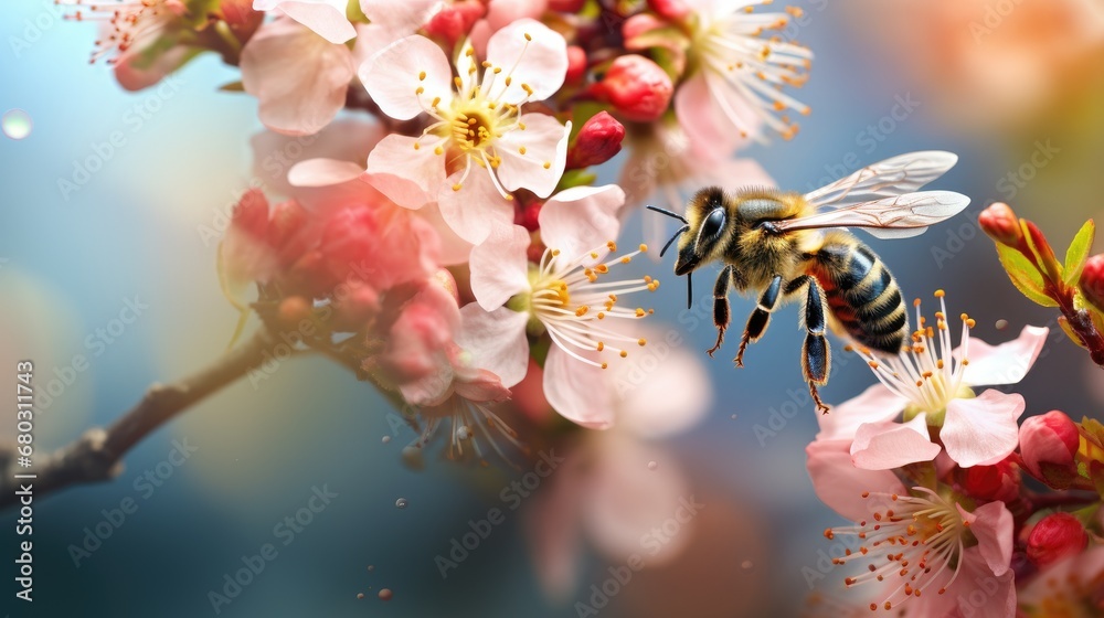 enchanting spring garden, filled with vibrant greenery and exquisite floral decorations, a bee with delicate wings collects nectar and pollen from the beautiful flowers, enriching the natural