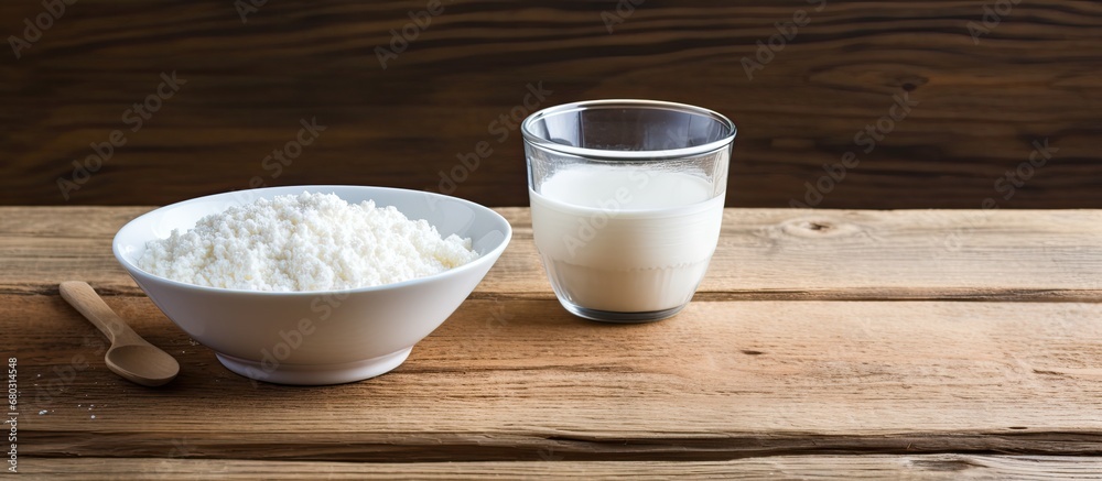 At the top of the wooden table, a white bowl filled with cottage cheese made from milk, a healthy breakfast choice for kids with a sour taste and grainy texture, a perfect addition to a balanced diet.