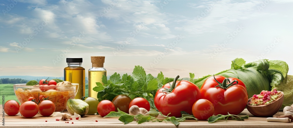 background of a sunny summer day, amidst the enchanting beauty of nature, a wooden table was adorned with a vibrant spread of health-infused goodness, featuring green vegetables and ripe red tomatoes