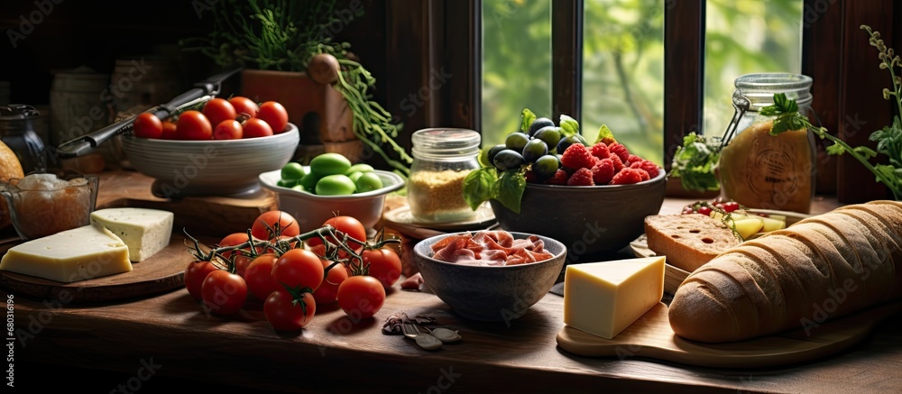 In a rustic kitchen, a wooden table adorned with a vibrant green leafy centerpiece highlighted the splendor of freshly baked bread, savory cheese, and delectable meats, offering a tantalizing