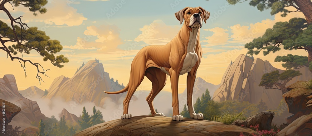 In the picturesque setting of nature, an artist skillfully crafts a captivating cartoon image of a majestic dog, highlighting its pedigree and showcasing its unique bite, while mindfully incorporating