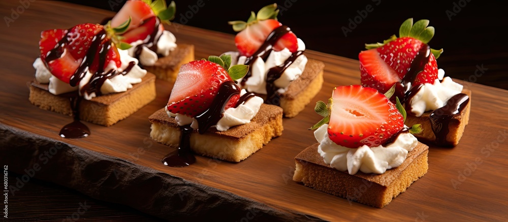 A wooden canape was beautifully arranged with slices of fresh bread topped with whipped cream, perfectly cut strawberries, and blocks of chocolate topping.