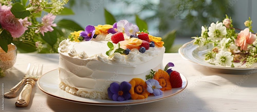 In a picturesque bakery shop nestled amidst natures vibrant greens, an exquisite white cake adorned with colorful and healthy edible flowers, made with natural and organic ingredients, awaits its