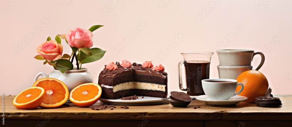 vintage coffee shop, a wooden table with a white background is adorned with a summer breakfast spread a slice of chocolate cake, orange fruit, and a steaming cup of coffee, all brimming with enticing