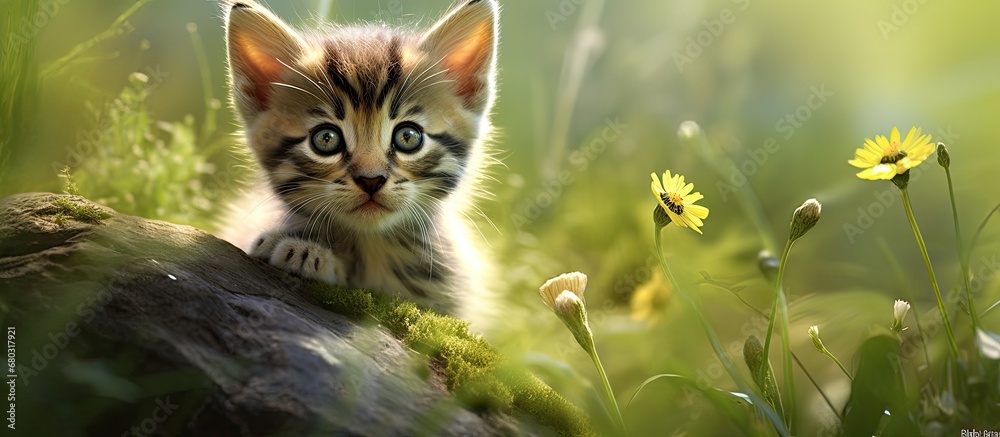 The young kitten with her pretty eyes, looking so cute and adorable, plays grassy meadow, surrounded by the beauty of nature, while a stone catches her attention and she curiously explores it