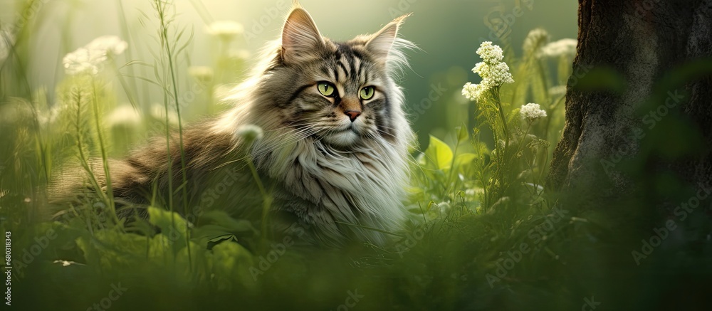 In the beautifully scenic background of a lush green nature, a cute and adorable cat with a stunning fur coat poses for an enchanting portrait as a beloved pet, showcasing its innate feline charm as a