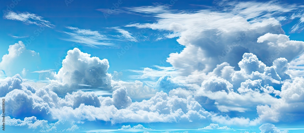 In the background, an abstract pattern of white clouds floats across the sky on a summer day, blending harmoniously with the beauty of nature. The light illuminates the space, transforming the