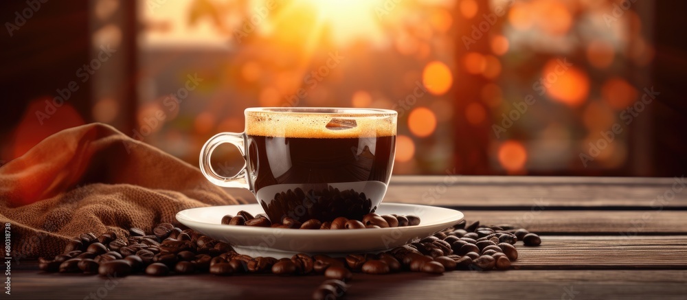 rustic coffee shop, a black coffee is served on a wooden table, with a background of the aroma of espresso filling the air, creating a perfectly cozy ambiance to enjoy the heartwarming drink of love.