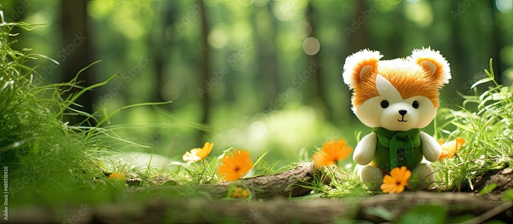 isolated park of Thailands jungle, against the backdrop of a lush green nature, a cute animal with an orange face and a white and colorful fur stands out under the spring light, creating a beautiful