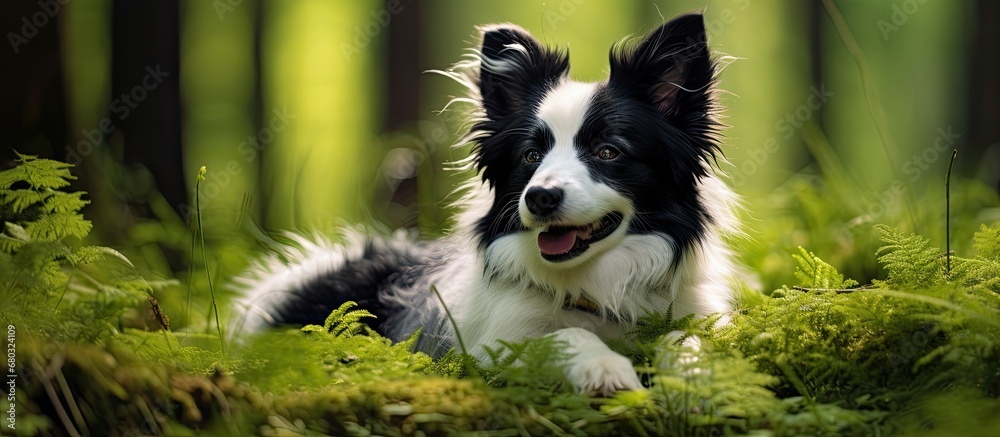 In the serene forest, a white, purebred dog with a black coat bounded through the vibrant green grass, embodying the concept of natures beauty. With a cute and youthful portrait, this adorable and