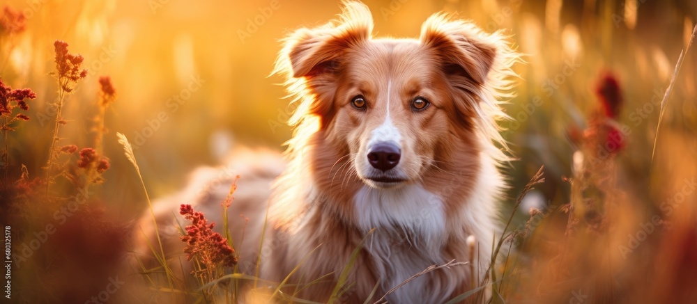 The cute dog posed for a portrait beautiful natural background, surrounded by the vibrant green grass and orange sunlight, showcasing the stunning combination of red and natural colors wildlife.