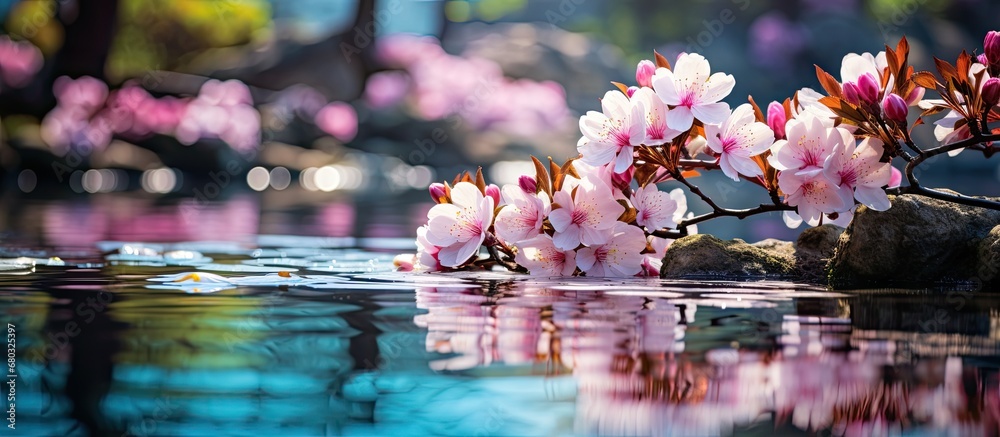 vibrant Japanese garden, the ornate white and pink flowers bloomed against a backdrop of lush green trees, creating a captivating bokeh effect under the clear blue spring sky, showcasing the natural