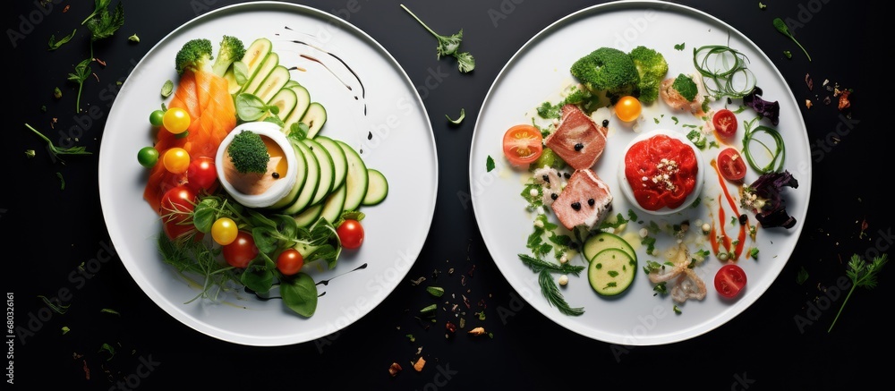 The white plate showcased a colorful array of food, with vibrant textures and a circle of green, healthy choices that caught the eye of the photographer, who admired the clever design and idea of