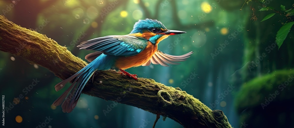 In a stunning outdoor portrait, a beautiful bird with vibrant wings flutters gracefully among the branches of a tree, bringing the forest to life with its natural motion and adding to the enchanting