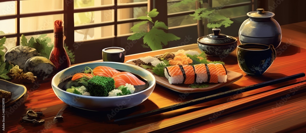 background, a wooden table adorned with a leafy green, set in a tranquil Japanese restaurant, displays a tantalizing plate of healthy Asian cuisine, featuring fresh fish and sushi, accompanied by