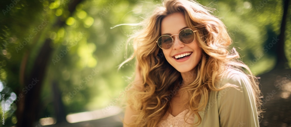 In the vibrant park, a vintage-inspired woman with long, flowing hair and stylish glasses exuded beauty and happiness as she basked in the summer sun, her cute smile lighting up her face. Surrounded