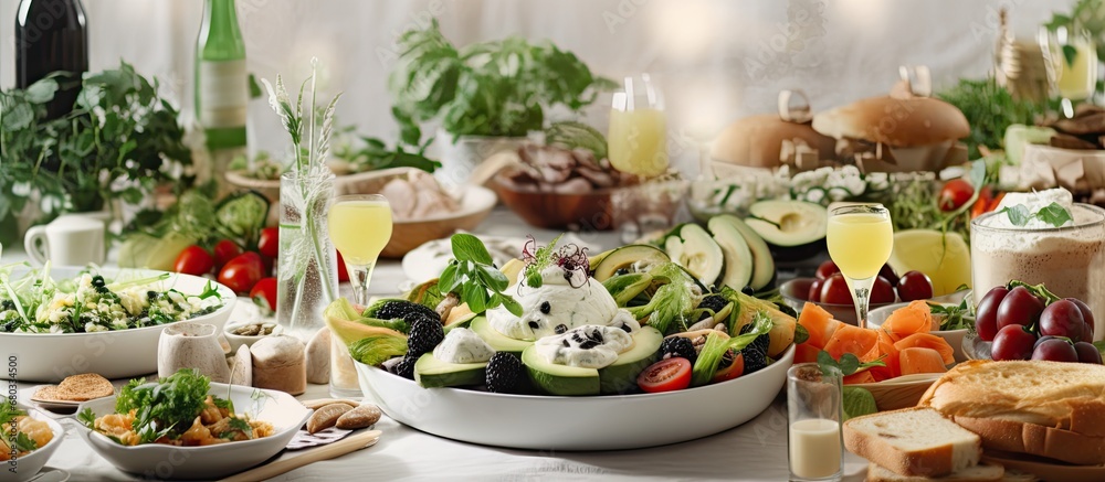 background of a cheerful Christmas party, guests indulged in a delightful array of food. The white and green salad with avocado, champagne and a variety of cheeses made for a healthy spring snack