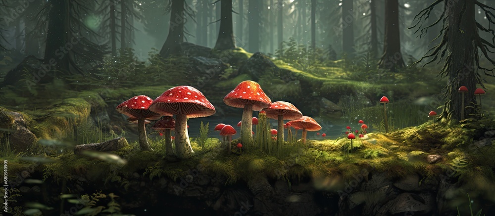 lush green forest, against the backdrop of a vibrant natural landscape, a glade teemed with an assortment of mushrooms, including the iconic red-capped fly agaric, creating a mesmerizing sight for