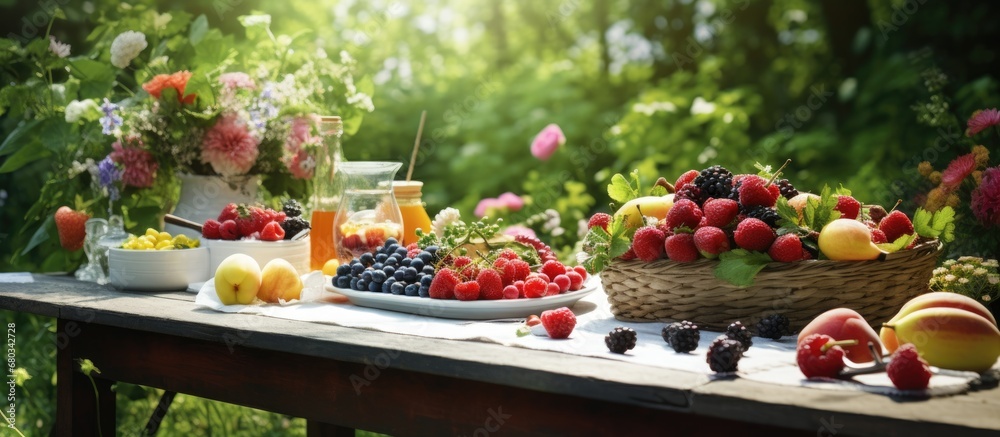 In the midst of a vibrant summer, surrounded by lush greenery and colorful flowers, a white-clothed picnic table showcased an assortment of healthy, organic fruits with their vibrant red, black, and