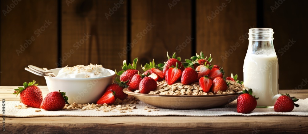 For a healthy breakfast, enjoy a table set with organic and nutritious food like white milk, fresh fruits such as red strawberries, and whole grain wood-based cereals the perfect combination for a