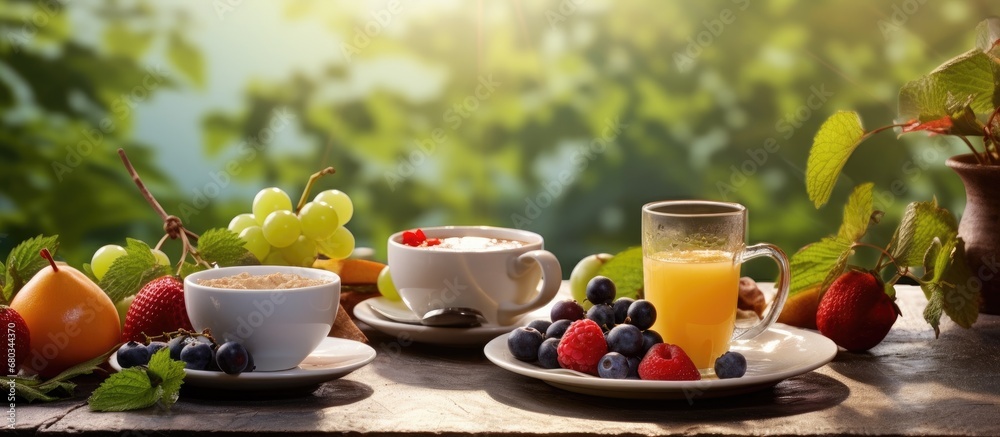 In a white, airy restaurant with a backdrop of lush green nature, a table is set elegantly with summer fruits and a steaming cup of black coffee on ice the perfect breakfast to start the day.