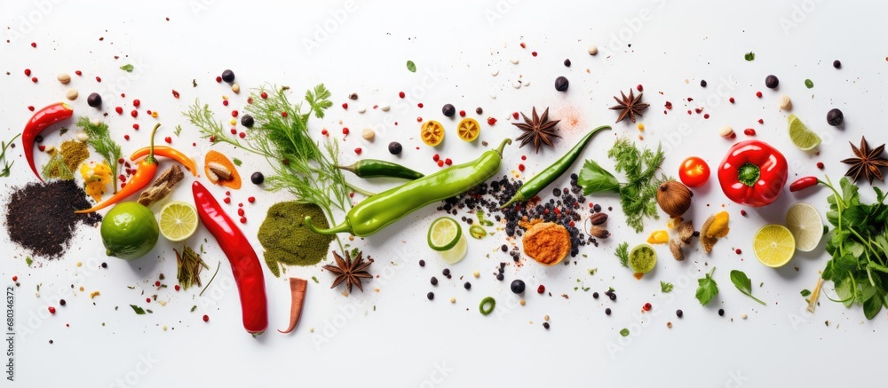 background, a secluded white space is adorned with vibrant pops of green, red, and colorful spices, showcasing a healthy array of vegetables and plant-based ingredients.