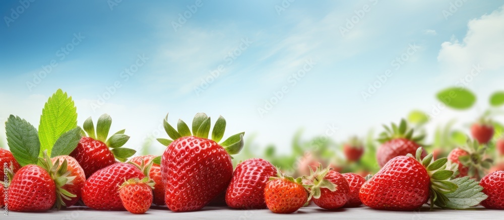 isolated beauty of natures backdrop, a vibrant summer scene unfolds with a lush green leaf, a white strawberry, and a burst of red color, offering a healthy and delicious fruit for those embracing a