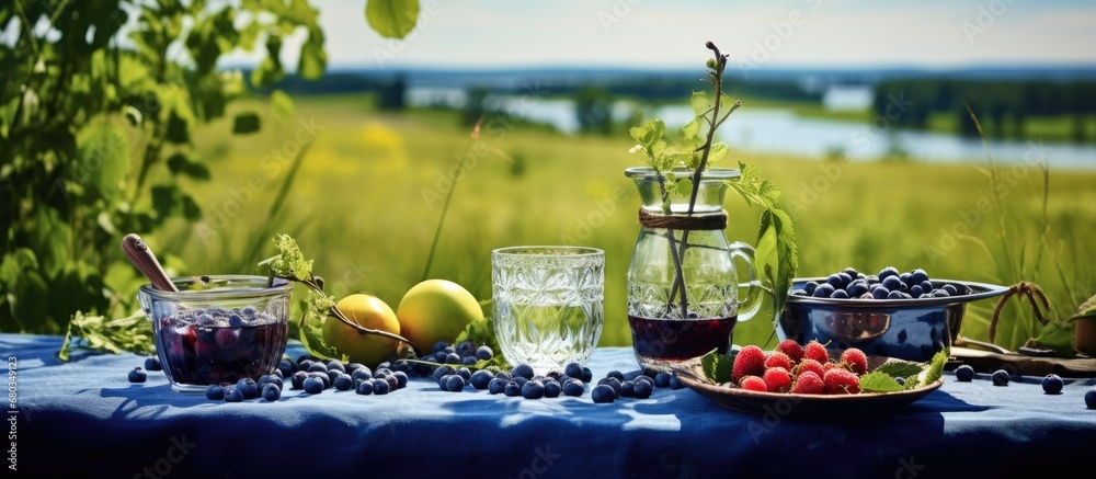 In the summery backdrop of nature, a table adorned with various colorful fruits, including aronia, blueberry, and chokeberry, is set with refreshing glasses of juice, water, and tea, green and black