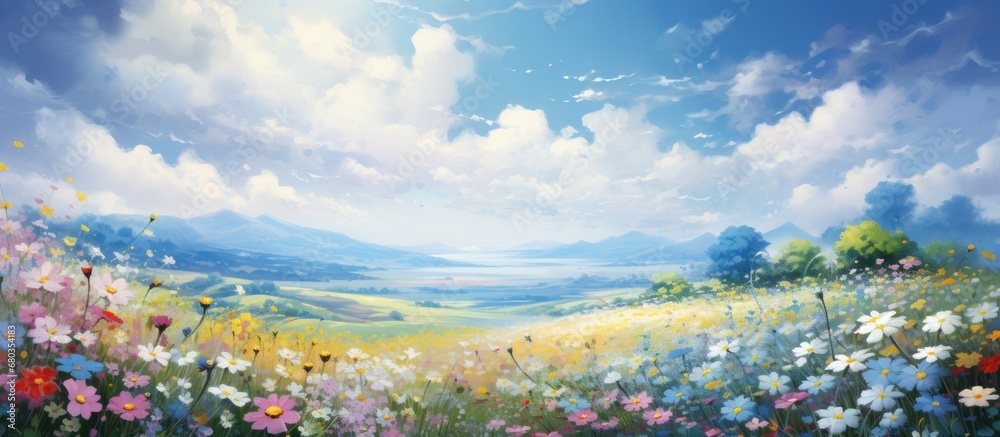 In awe of the abstract design, the observer gazes at the sky, captivated by the vibrant colors of summer and the beauty of nature in full bloom during spring. The landscape, kissed by the warm light