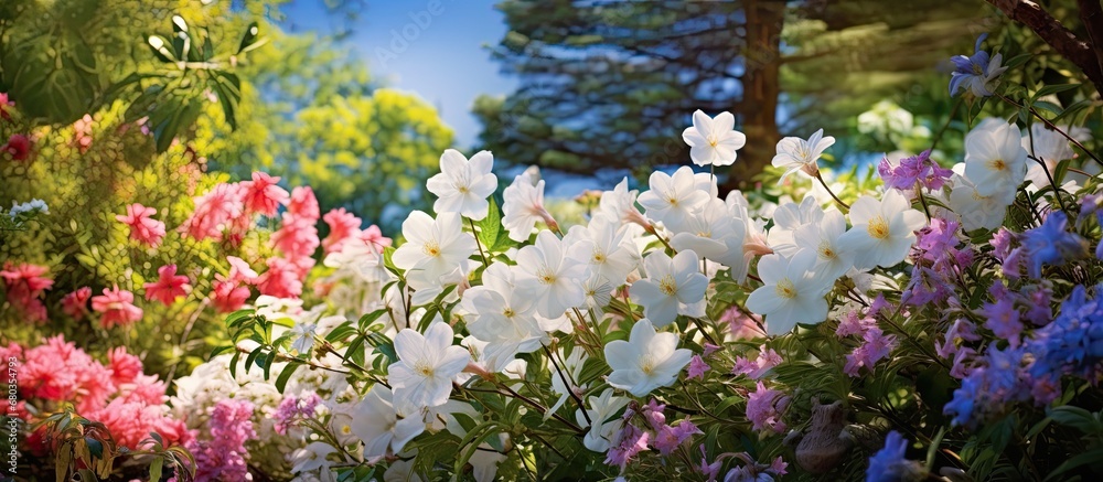 beautiful garden, surrounded by the lush green plants and colorful blooms, a white floral arrangement stands as a stunning testament to the beauty of nature in spring and summer, reflecting a