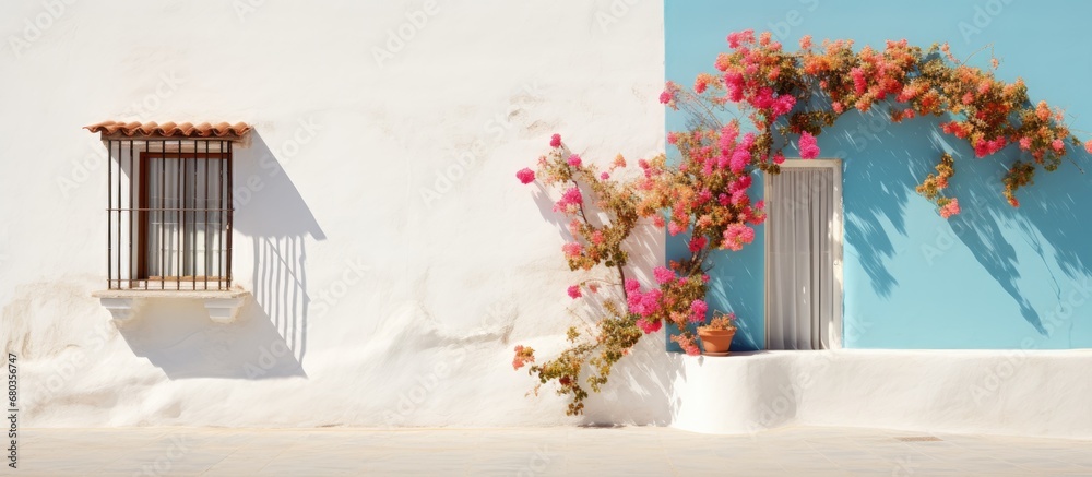 On a sunny day, the white stucco facade of the building stood out against the backdrop of the vibrant floral street, decorated with blooming flowers and plants, adding a touch of texture and a burst