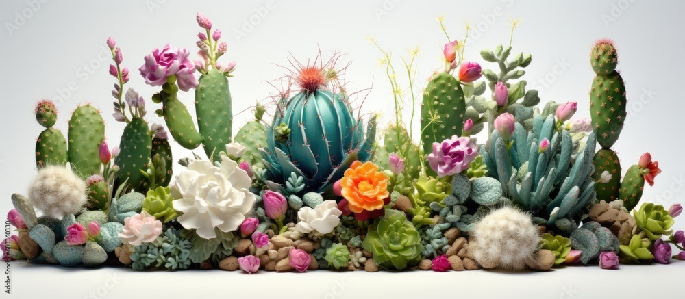 In a beautiful summer garden filled with vibrant colors, an isolated white background showcases the stunning floral design of a green cactus, with delicate white flowers blooming among its leafy