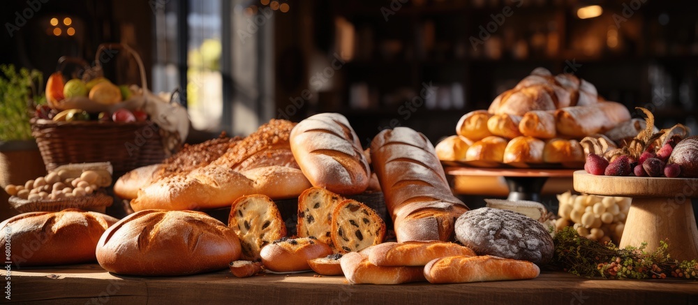 In the background of the bakery, a set of freshly baked items, including pizza, cake, bread, and sandwiches, with melted cheese and wheat, laid flat on the bar, tempting customers looking for a