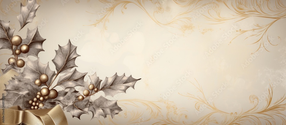 vintage-themed Christmas card, a retro silver foil element creates a luxurious touch, delicately wrapping a leaf motif against a wallpaper-like background, while a line of golden label adds a stylish