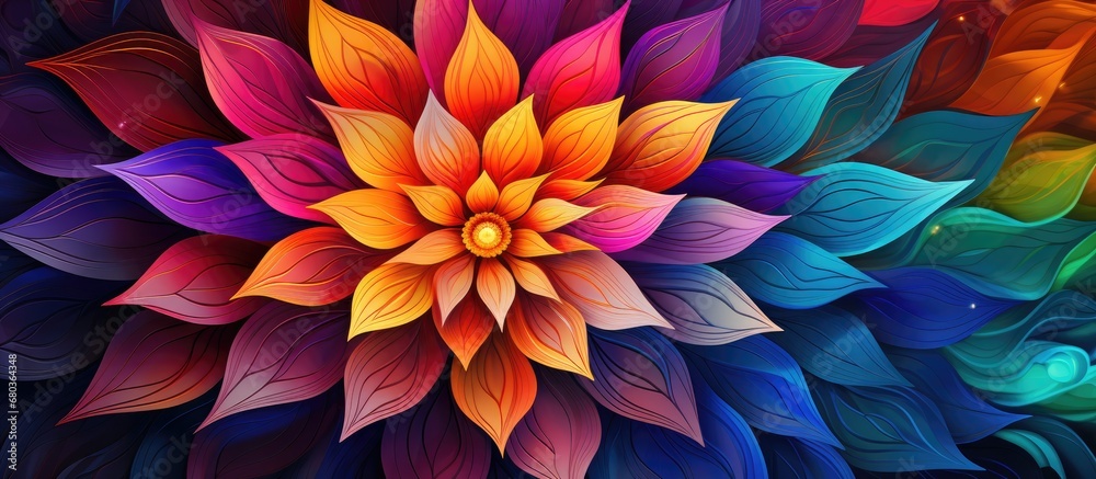 In the realm of fashion, an abstract illustration of a flower takes center stage, its intricate geometric petals forming a colorful mandala design, creating a modern, lively piece of art. The vibrant