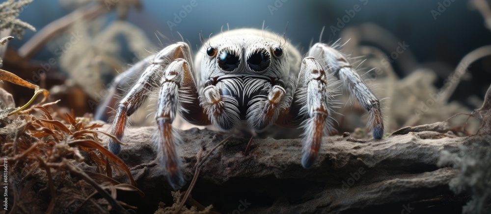 In the white portrait of nature, a feathered predator lurks, its arthropod prey unaware. A macro spider, a hunter outdoors, crawls in blurred brown, close-up. It hangs, ready to jump on its small gray