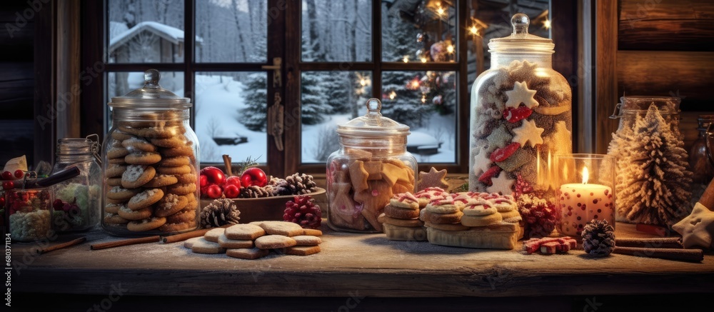 In the cozy wooden house, amidst the winter snow, a delightful aroma of freshly baked cookies filled the air, as the colorful Christmas decorations adorned every corner, creating a festive and joyful