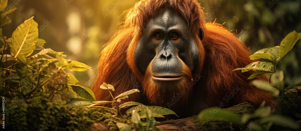 In the dense tropical jungle of Sumatra, an endangered great ape known as the orangutan roams freely, its beautiful orange fur blending with the vibrant nature of the rainforest as it swings from tree