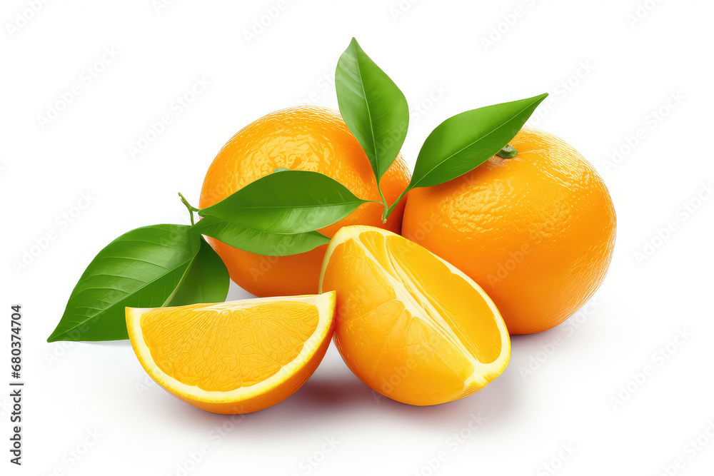 3d illustration of orange with cut in half and green leaves isolated on white background.