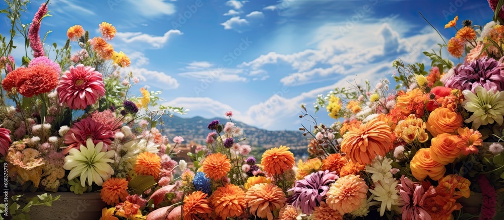 The colorful floral arrangements showcased against the backdrop of the vibrant blue sky perfectly complemented the lush green scenery, creating a mesmerizing and beautiful display of nature in full