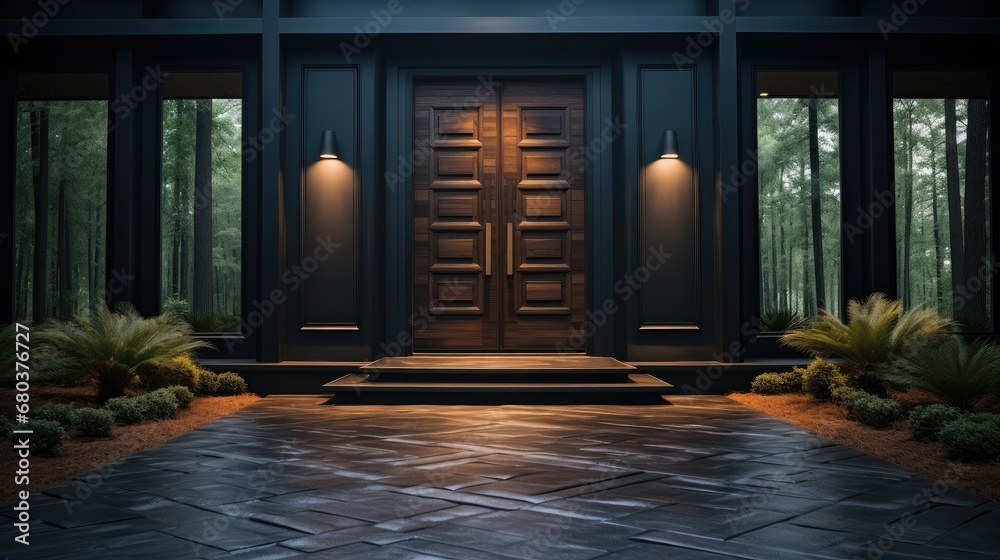 Expensive wooden dark entrance minimalists door in a private house.